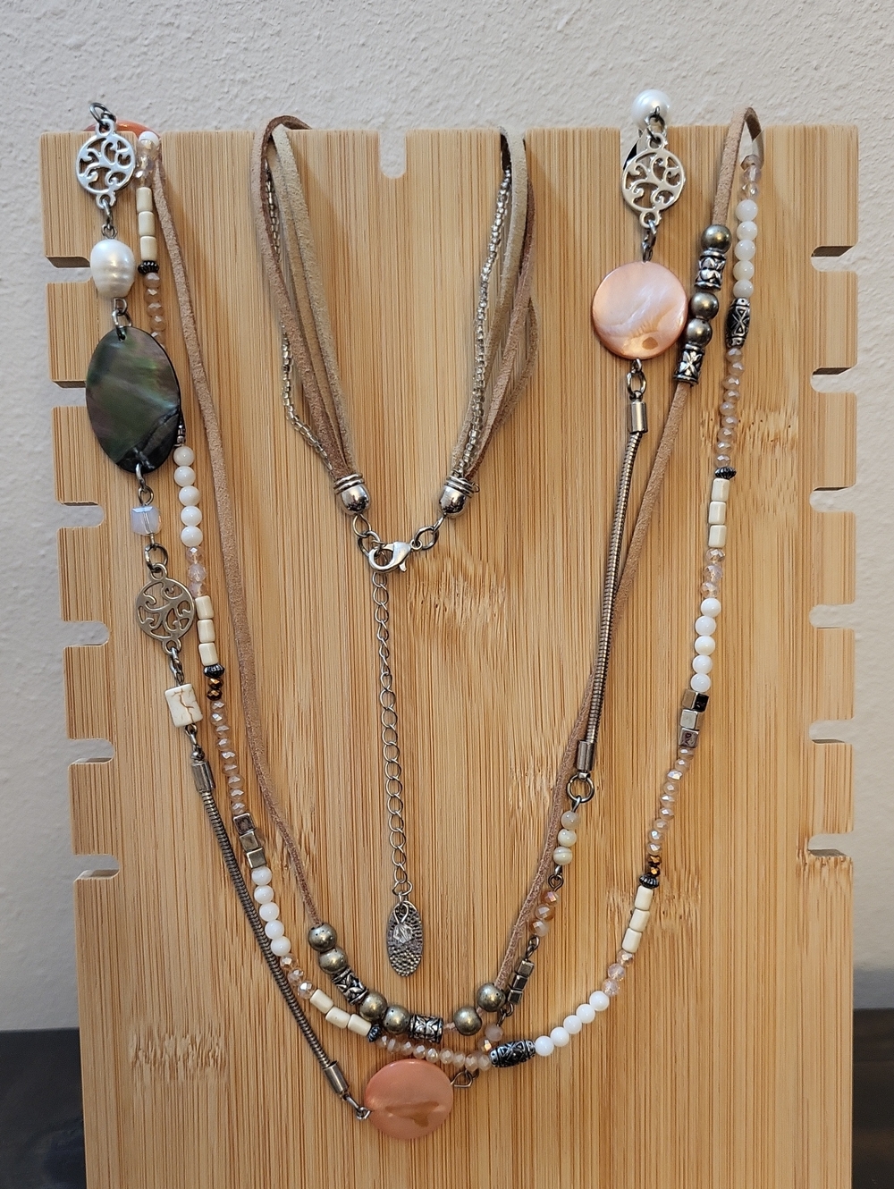 Jules C. Layered, Assorted  Stone/shell Beads Earthy Tones, Suede Cord Necklace